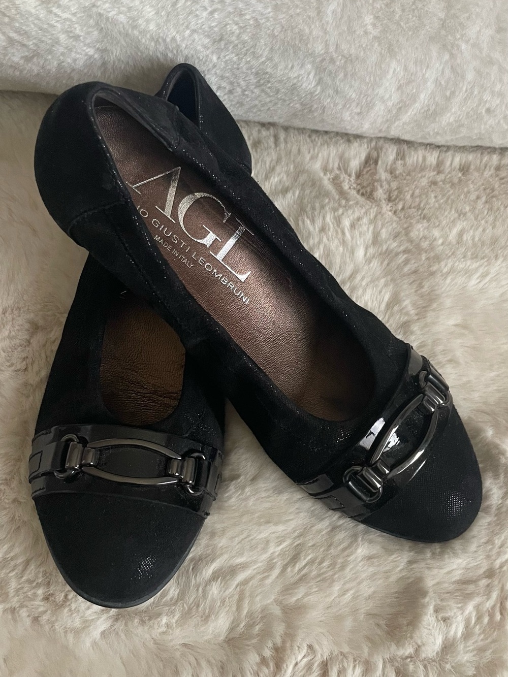 AGL Black Suede Ballet Flats with Glossy Metal Bit. Made in Italy